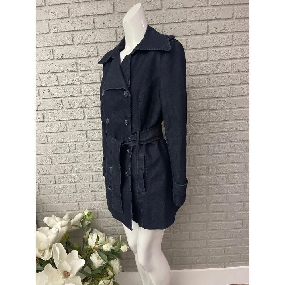 Vince Camuto Women Double Breasted Dark Blue Denim Coat with Belt Size L